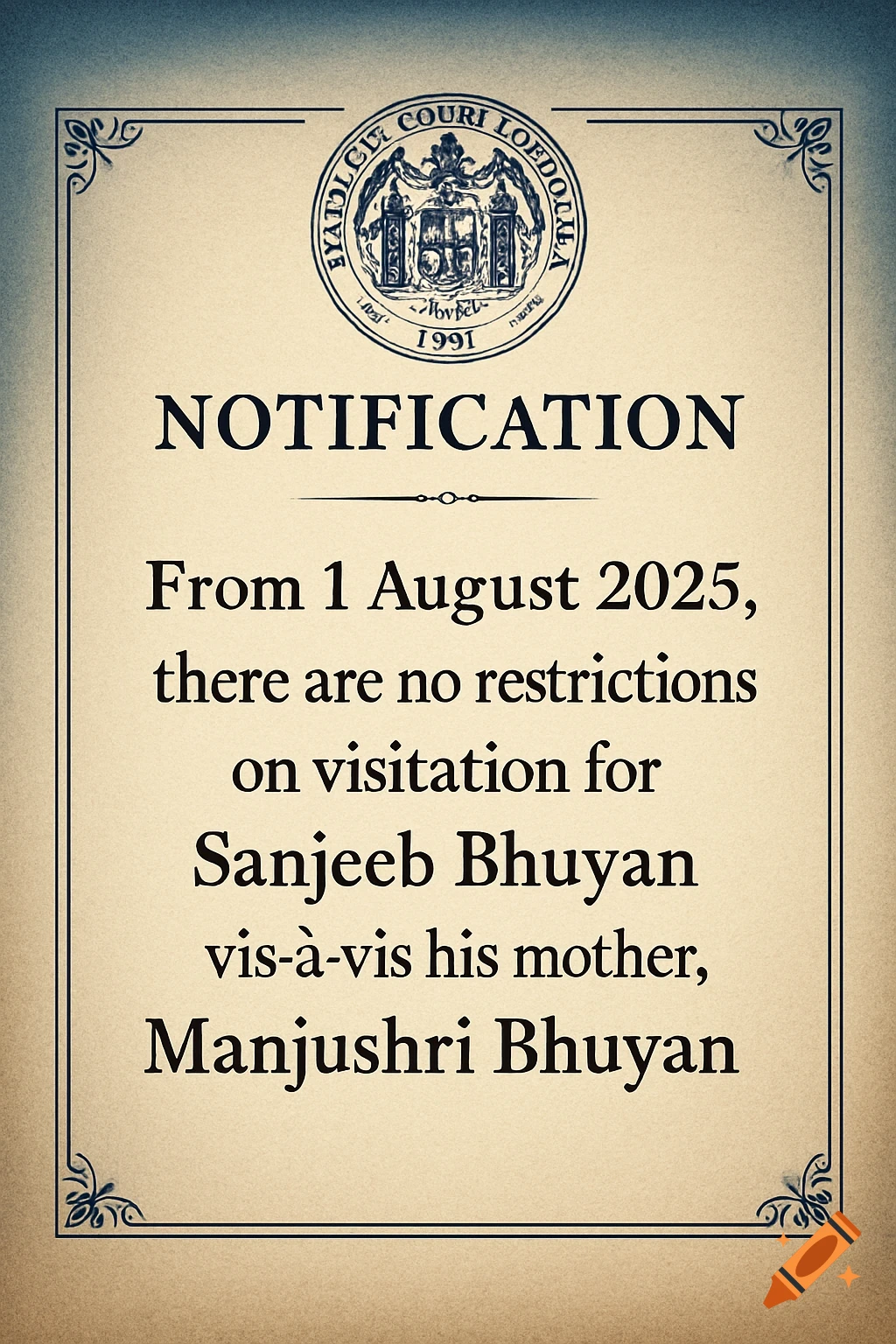 A formal document with a decorative border and a seal, displaying a notification about visitation rights.