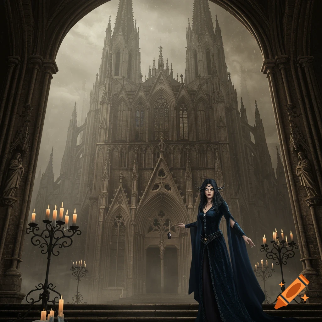A dark-robed fantasy woman with pointed ears and a headpiece stands before a grand, misty Gothic cathedral with candelabras.