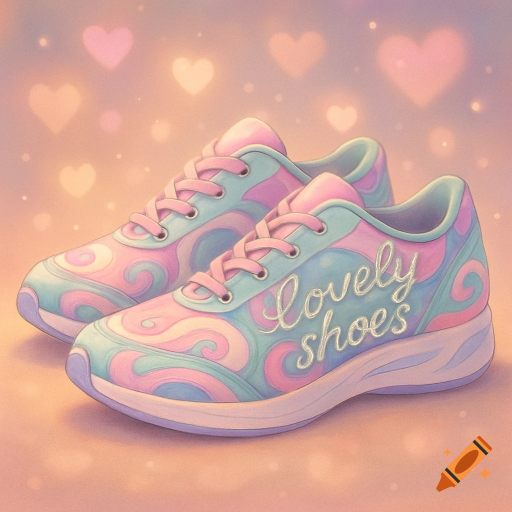 A pair of pastel pink and blue patterned sneakers with 'lovely shoes' written on the side, surrounded by heart-shaped bokeh.
