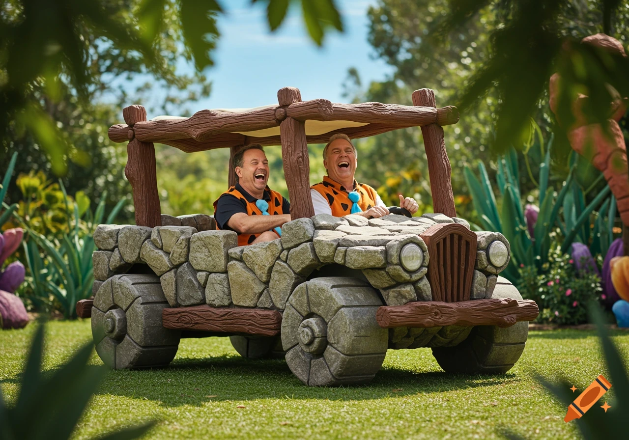 Two men in Flintstones-like costumes and a stone car, laughing joyfully in a lush, cartoonish outdoor setting.
