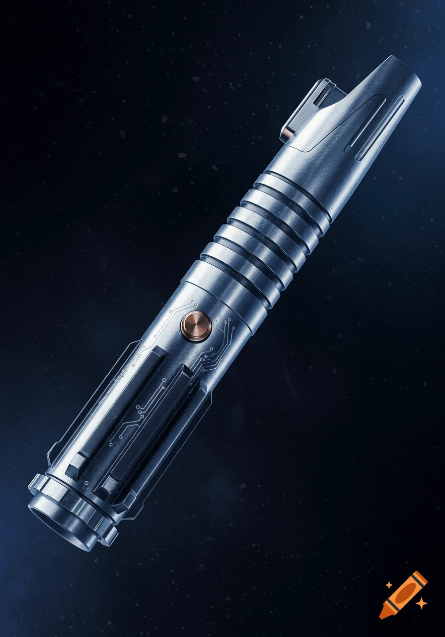 A sleek silver lightsaber handle with circuit patterns and a bronze button against a dark, starry background.