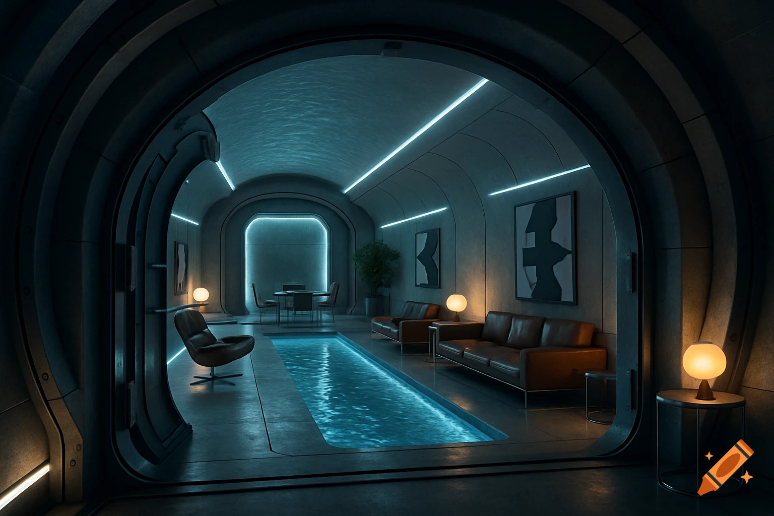 A futuristic, photorealistic underground bunker with a glowing blue pool, leather sofas, abstract art, and neon lights.