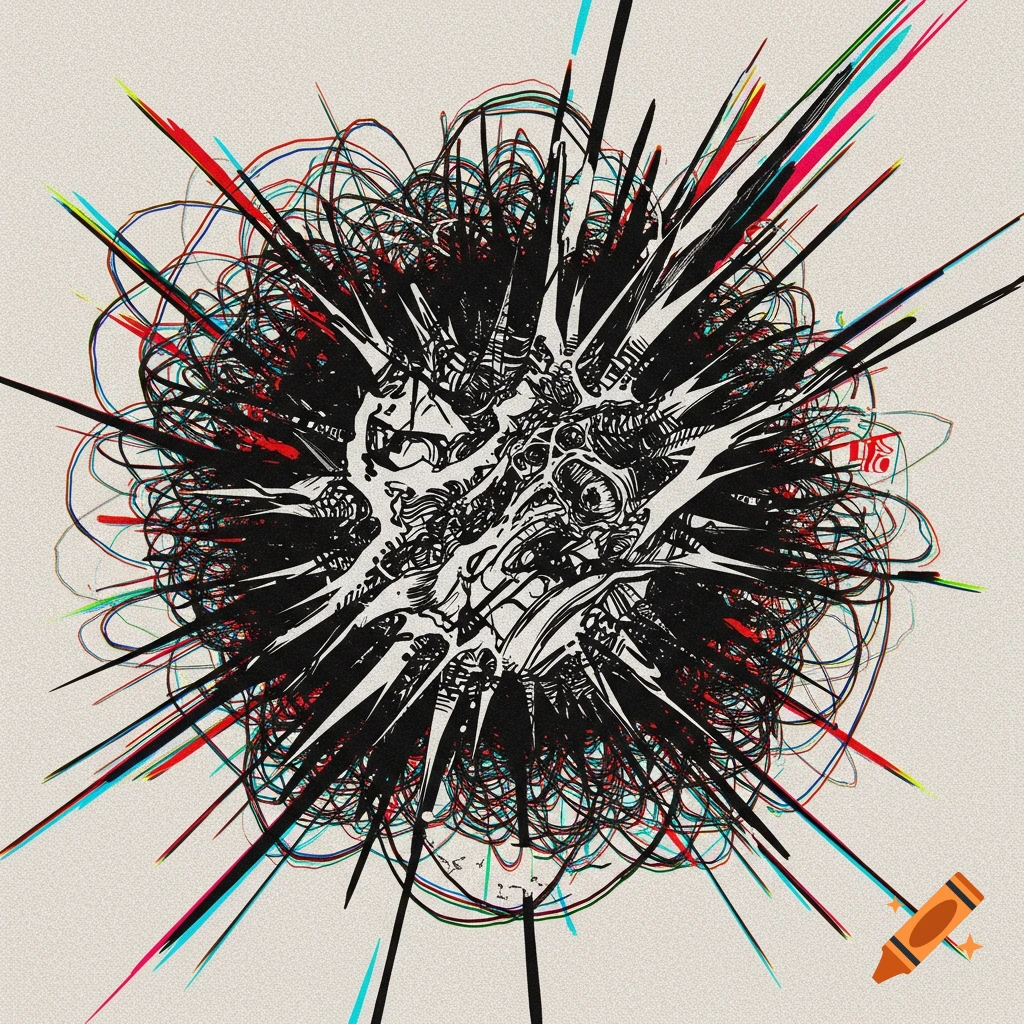 An abstract, chaotic explosion of black ink lines and shapes with sharp spikes, accented by colorful digital noise streaks on a light background.