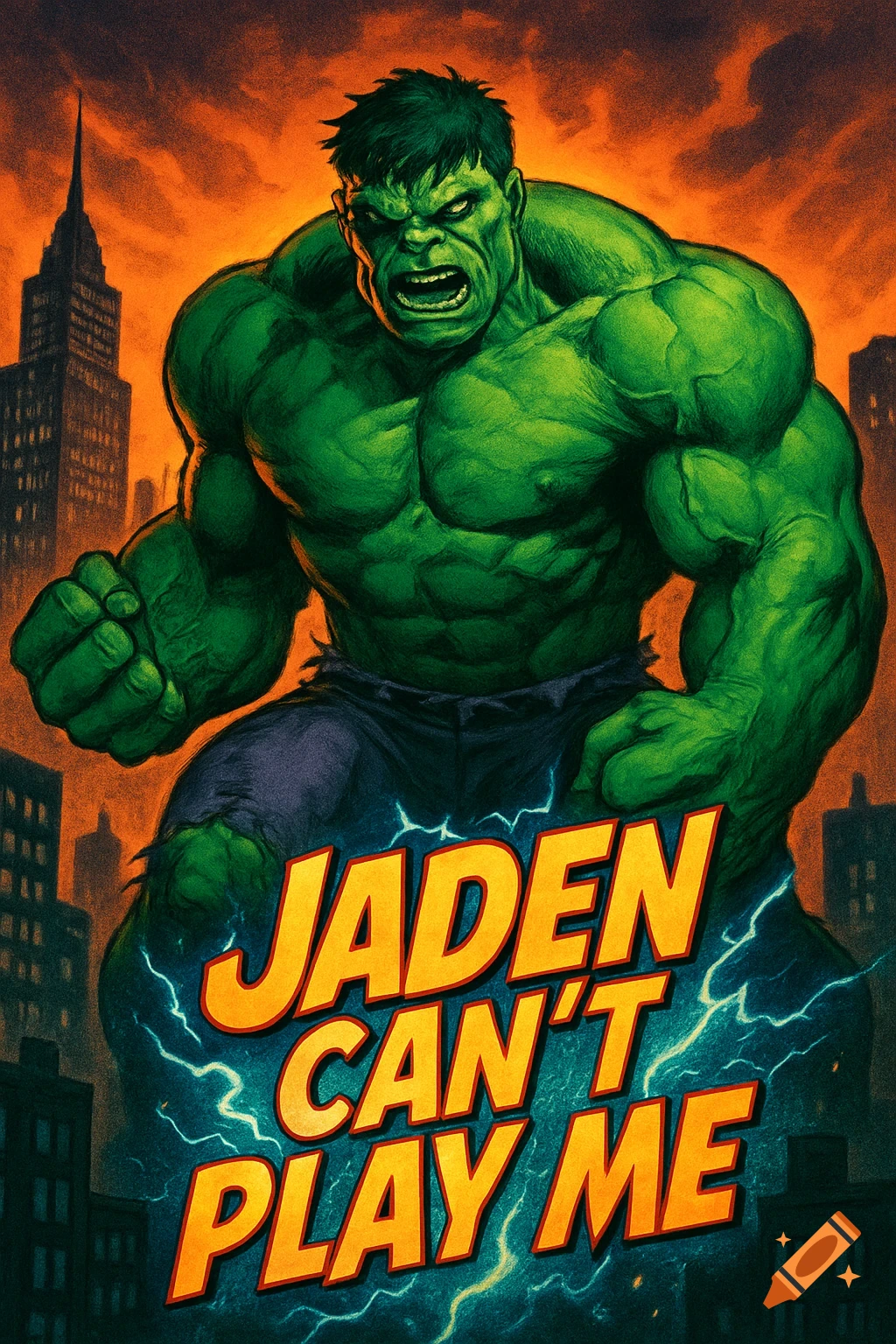A comic book style illustration of a muscular green Hulk roaring, wearing torn pants, standing in a city with an orange sky, with the text 'JADEN CAN'T PLAY ME' below him.