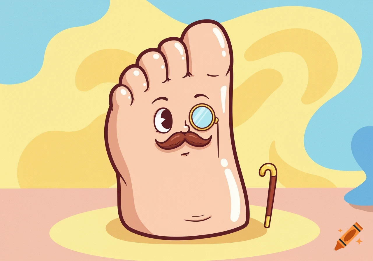 A whimsical cartoon foot character with a mustache and monocle, holding a cane.