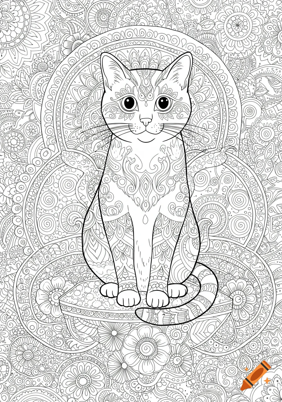 A black and white coloring page featuring a cat with intricate mandala patterns on its body and in the background.
