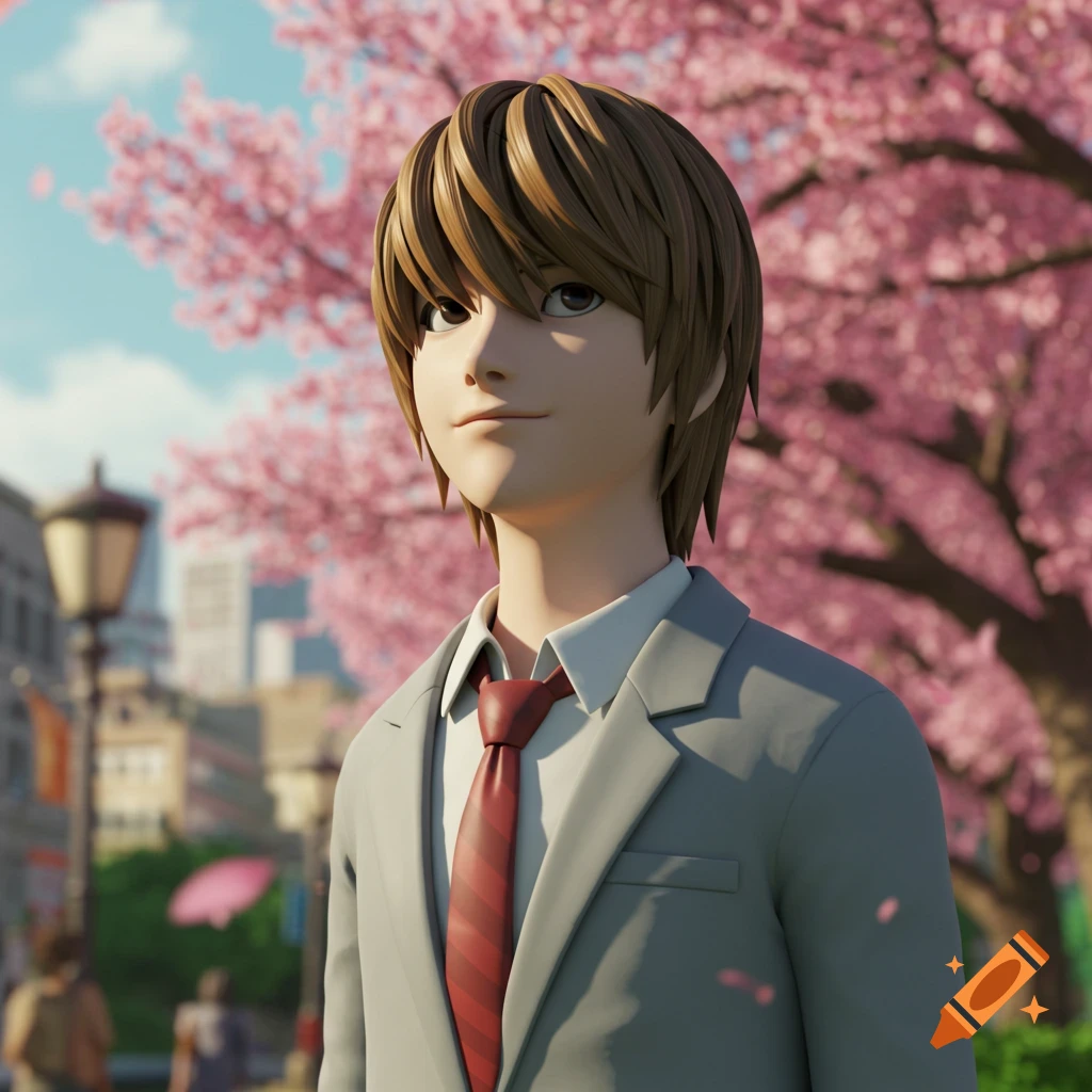 A 3D animated male character, resembling Light Yagami, in a grey suit and red tie, stands outdoors with pink cherry blossoms in the background.