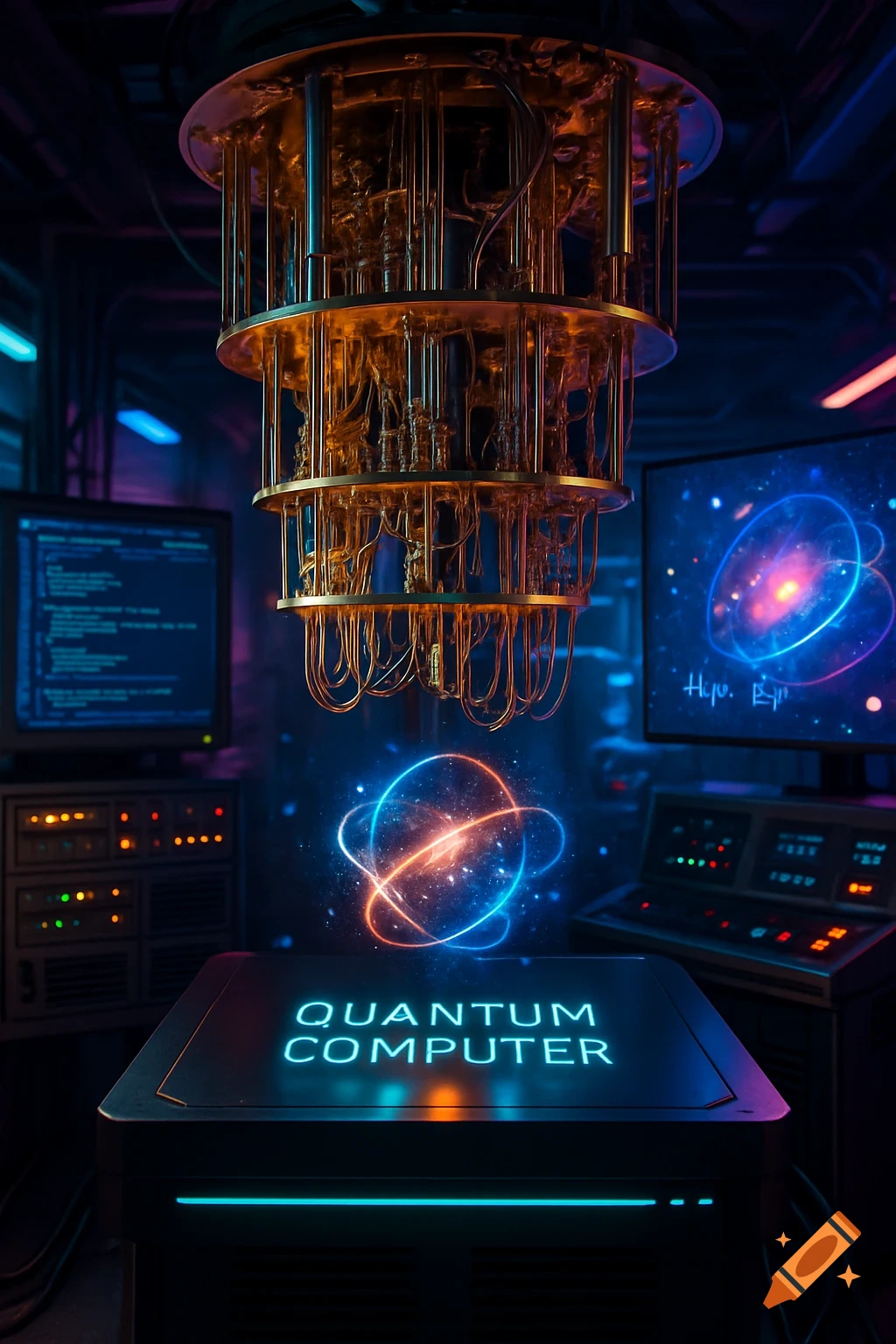 A glowing quantum computer in a dark, futuristic lab with a neon sign and glowing atomic symbol.
