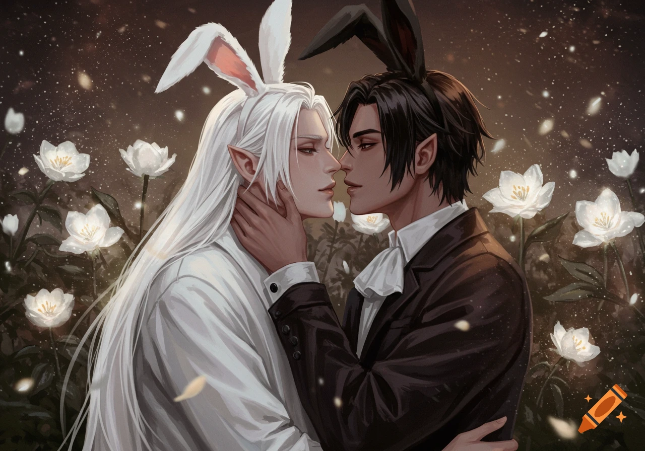 Illustrative art of two male characters with elf and bunny ears, one white-haired, one dark-haired, leaning in to kiss amidst glowing flowers.
