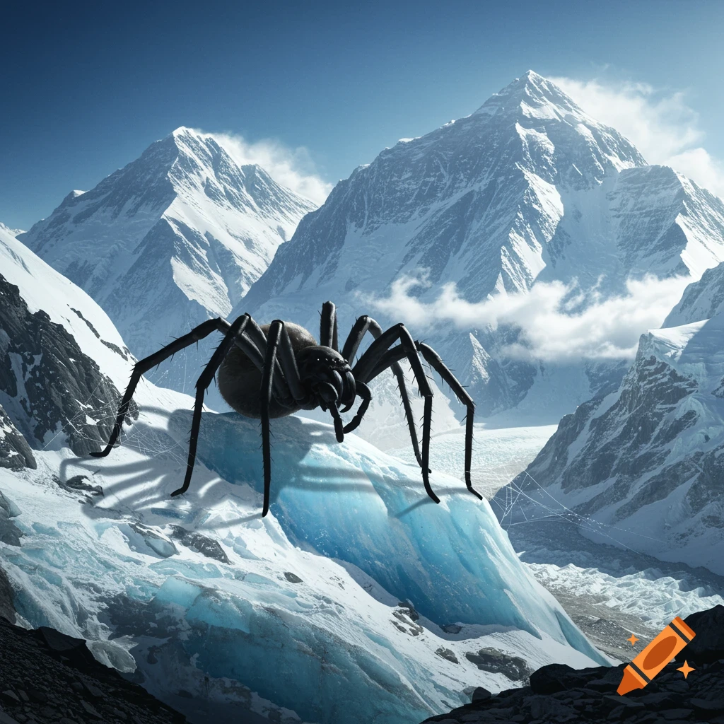 A large black spider rests on a blue glacial ice formation amidst snow-capped mountains under a clear sky.