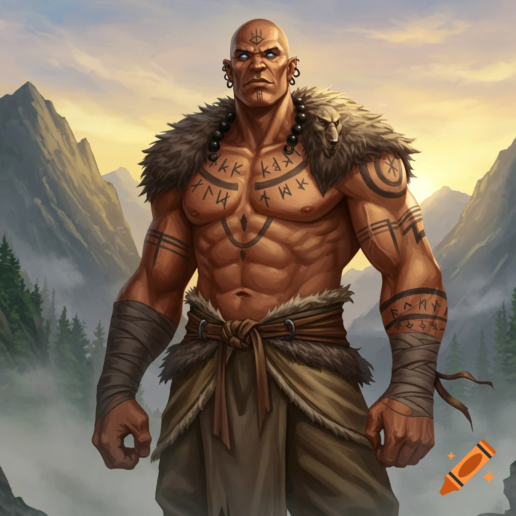 A muscular bald male goliath monk with glowing blue eyes and runic tattoos on his chest and arms, wearing fur and leather clothing, stands in a misty mountain landscape at sunset.