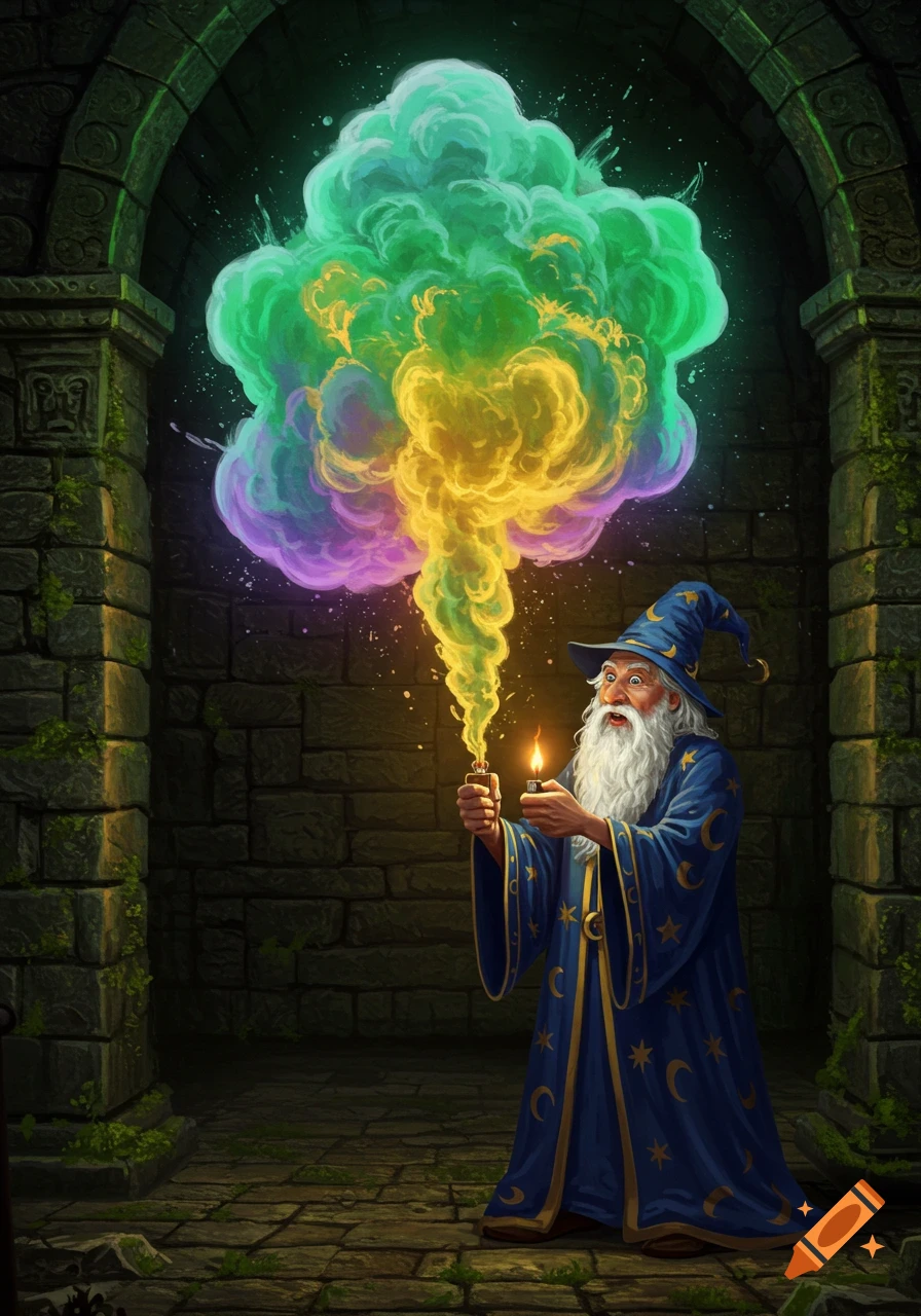 A wizard in a blue robe ignites a colorful, green, yellow, and purple magical explosion in a dark stone archway.