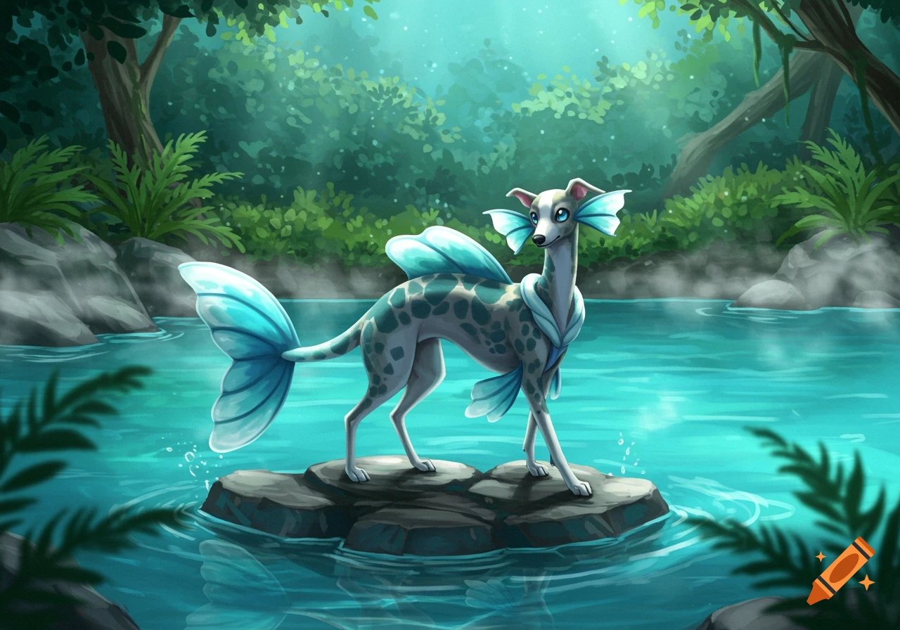 A grey whippet-like creature with blue fins and a fish tail stands on a rock in a blue-green forest pond, stylized art.