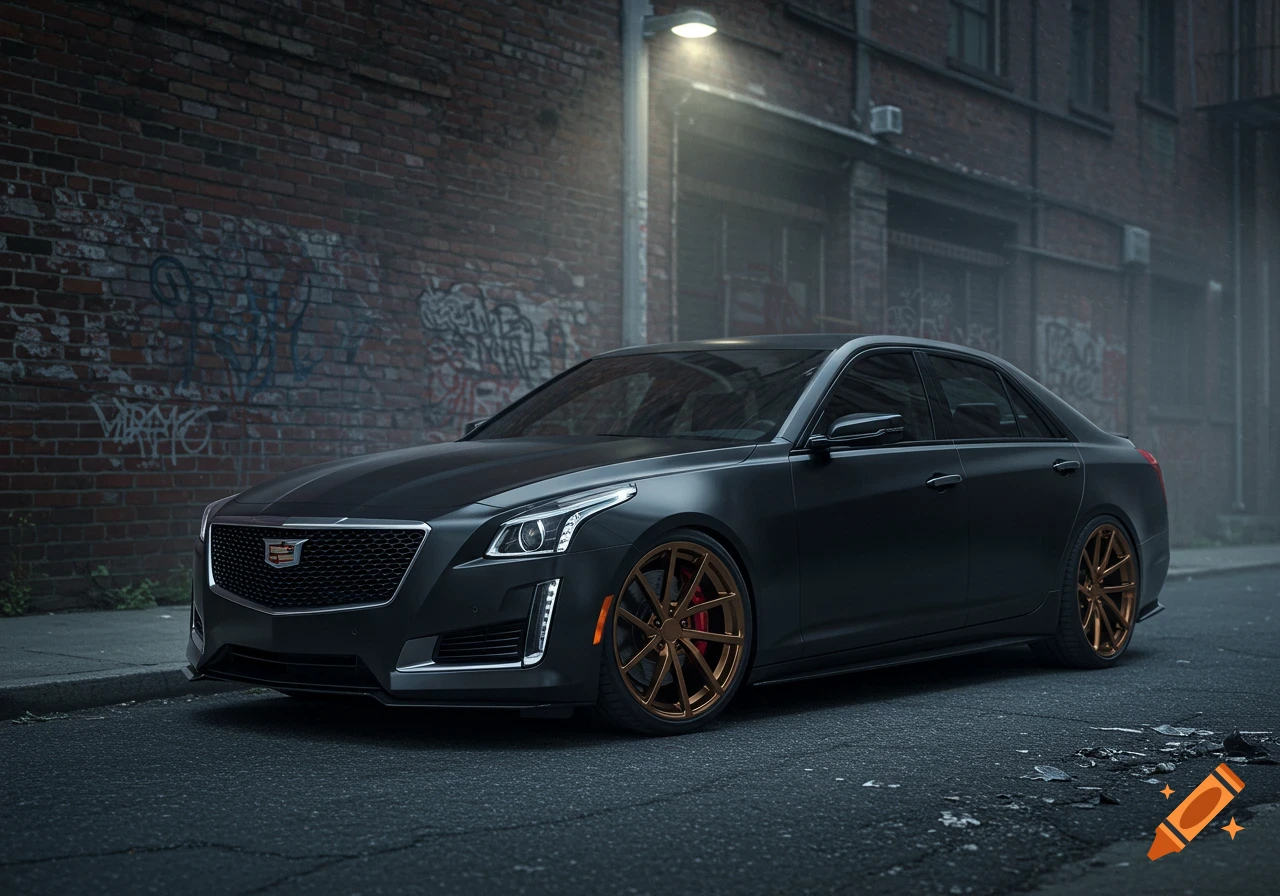 A black Cadillac CTS with bronze rims is parked in a dark, grimy alley with brick walls covered in graffiti under a street light.