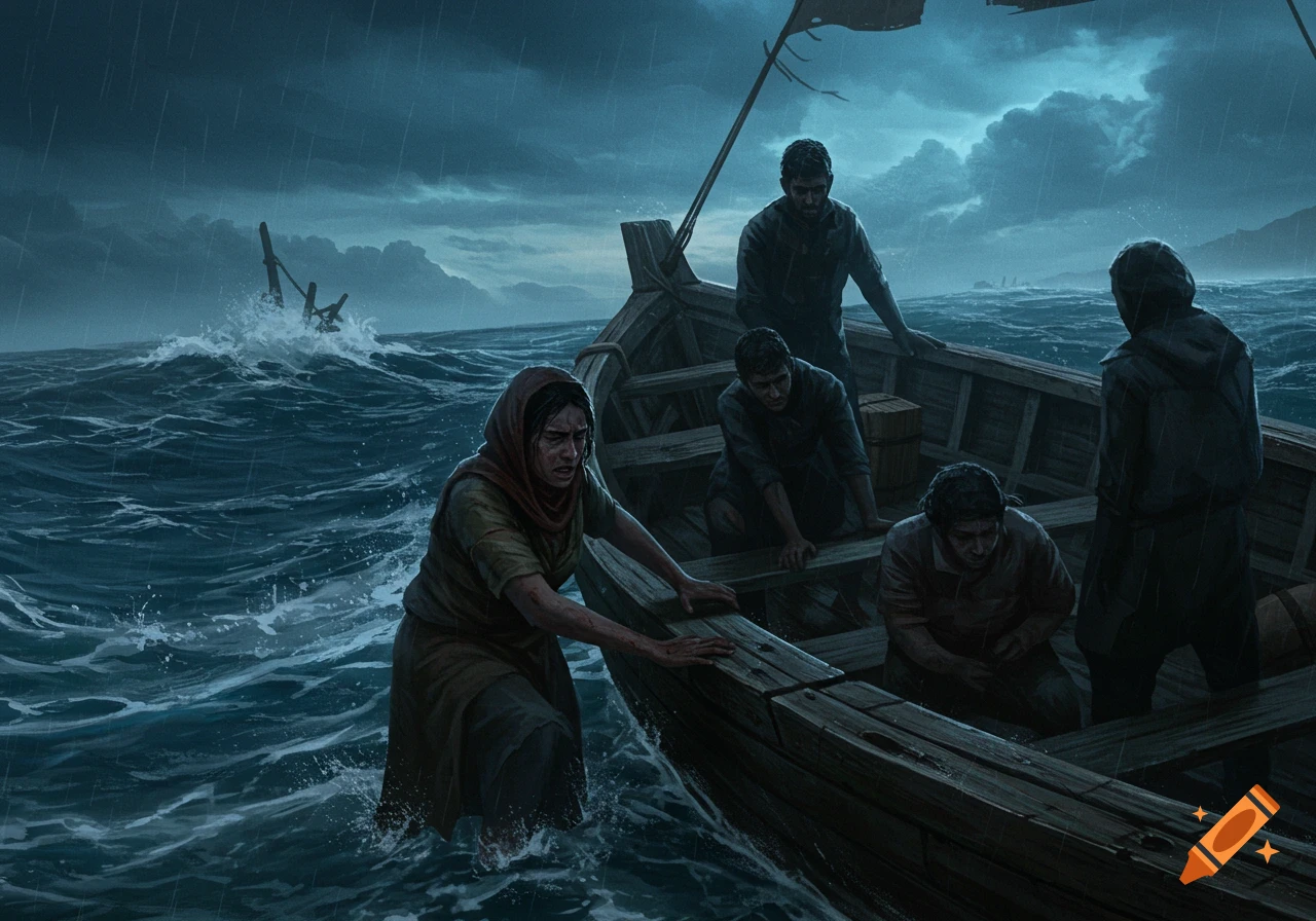 Illustration of desperate people on a small boat in a stormy sea, with a woman trying to board and a sinking boat in the distance.