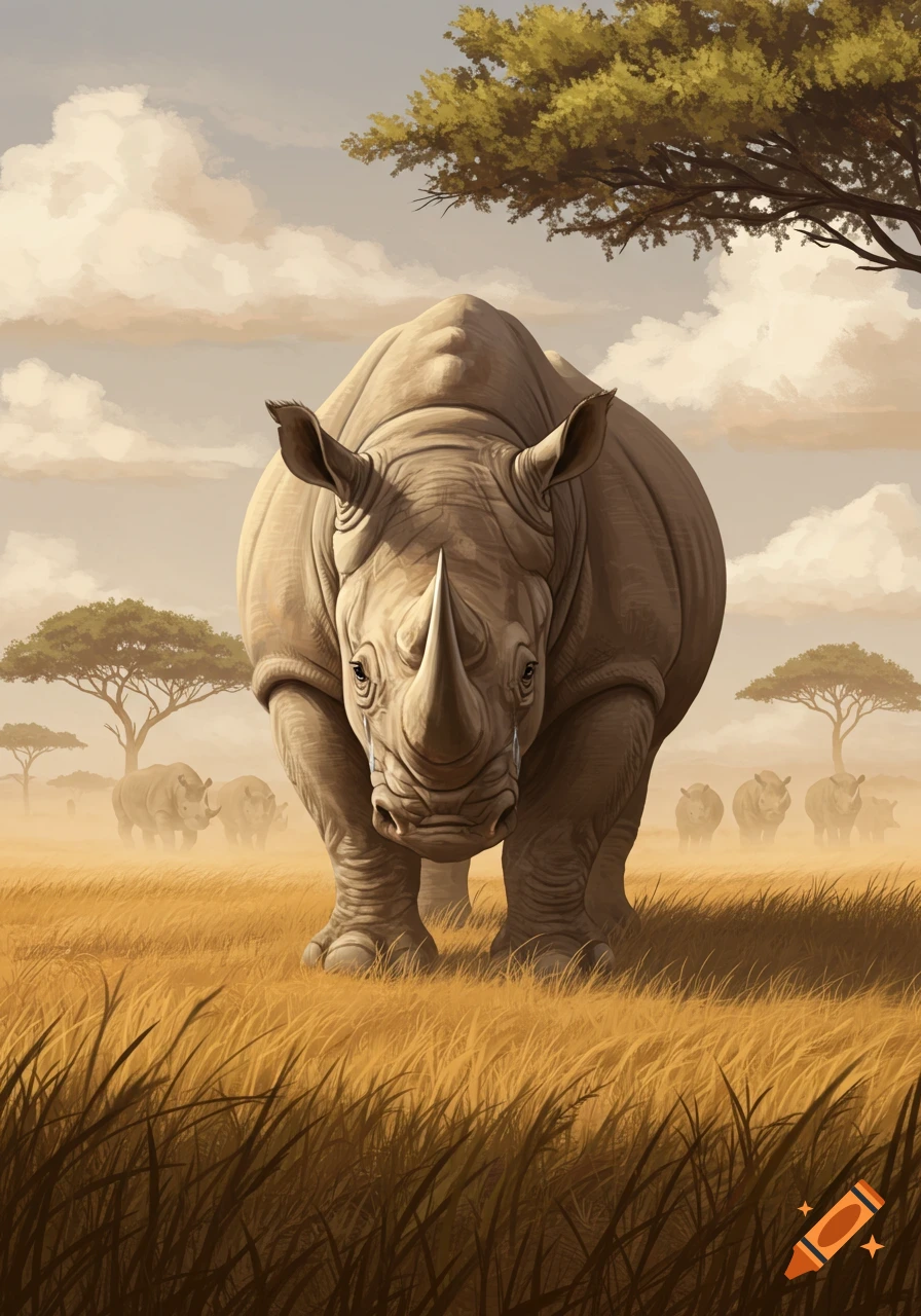 A large rhino with tears on its face stands in tall golden grass on a savanna, with a herd and trees in the distance, in a painterly style.