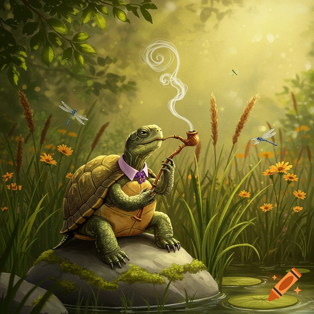 An illustrated turtle in a pink collar smokes a pipe on a mossy rock by a pond with lily pads, surrounded by nature.