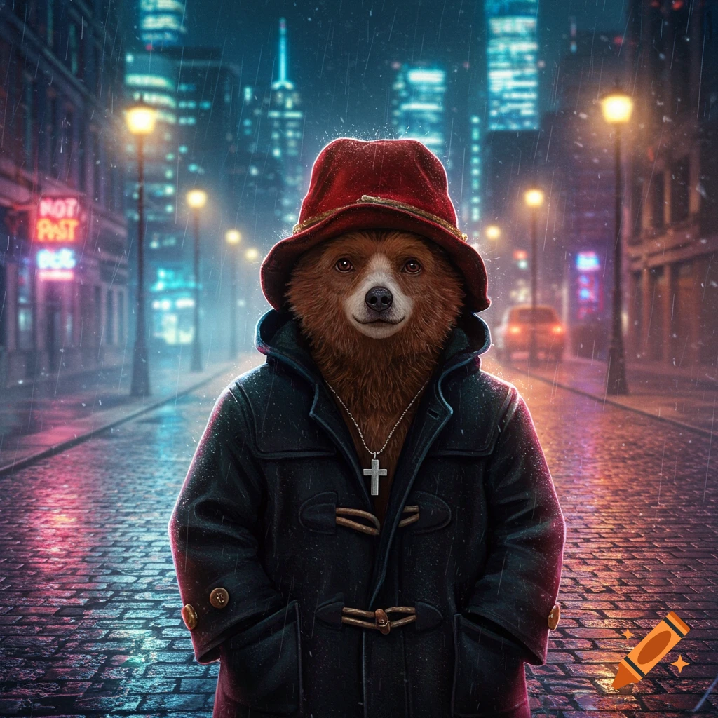 Paddington Bear in a red hat and black coat on a rainy cobblestone street in a neon-lit city at night.