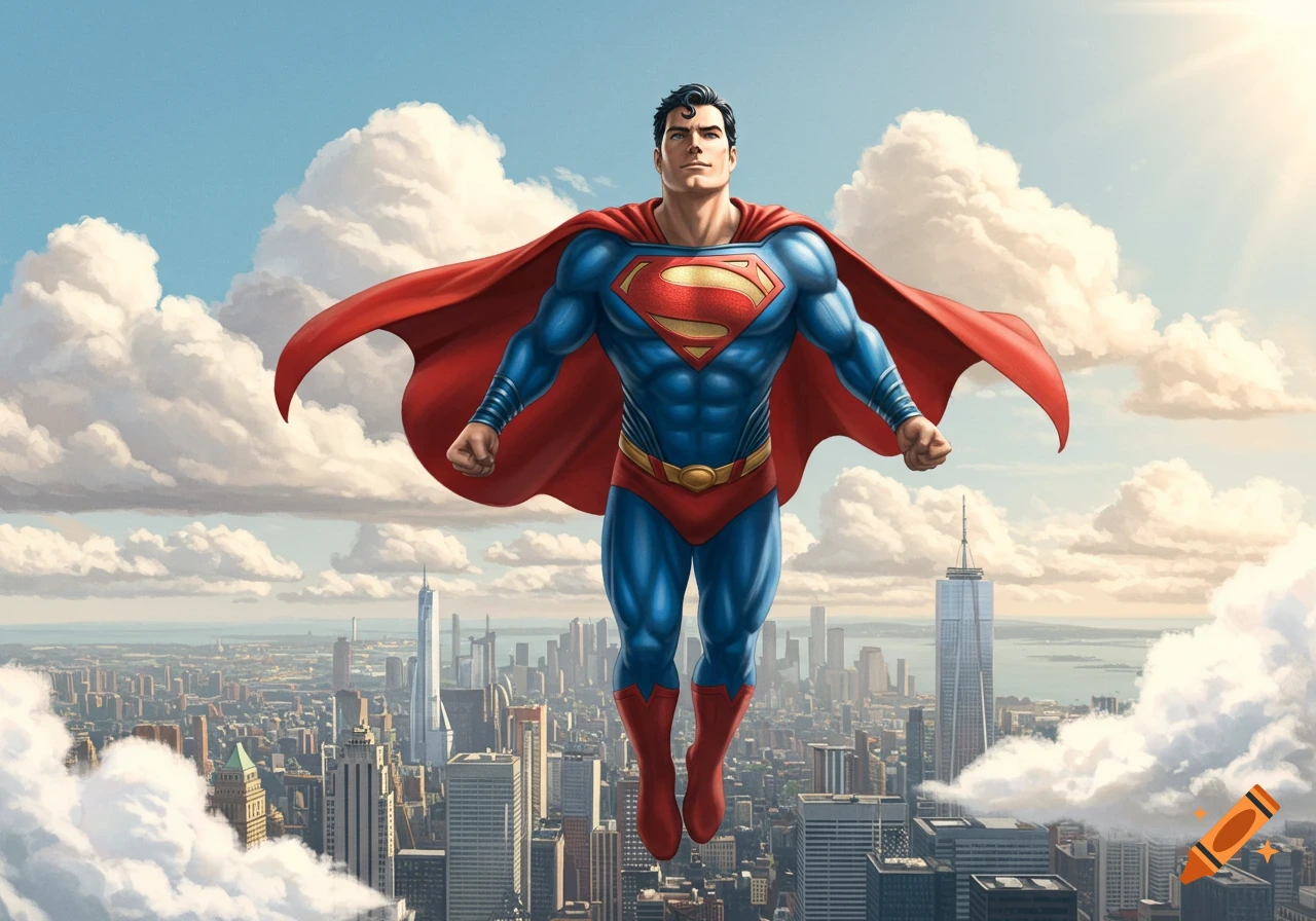 Superman flying high above a sprawling city in a blue sky with clouds, in a comic book art style.