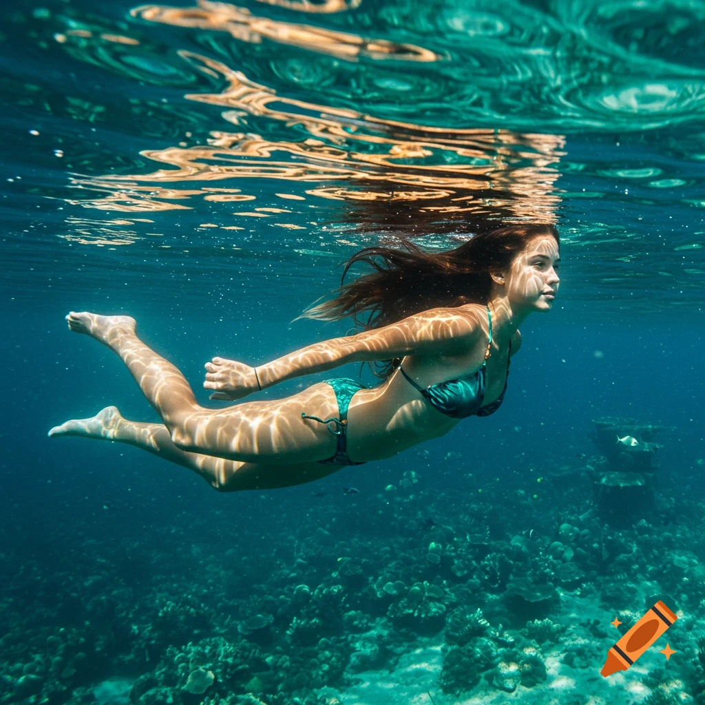 A woman in a teal bikini swims gracefully underwater above a coral reef, with sunlight shimmering on the surface.