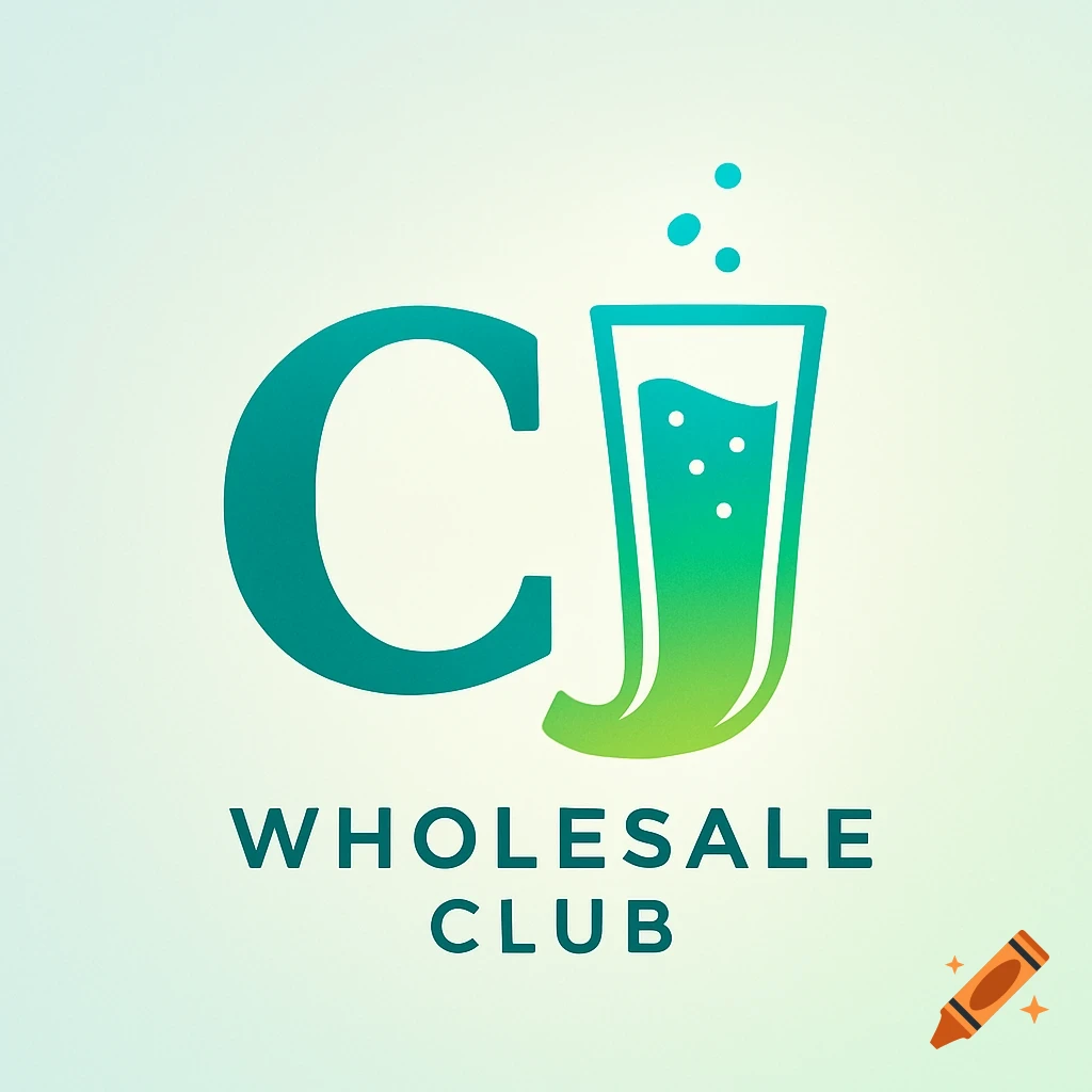A green and teal logo for CJ Wholesale Club, featuring a stylized letter C next to a glass forming the letter J with bubbles.