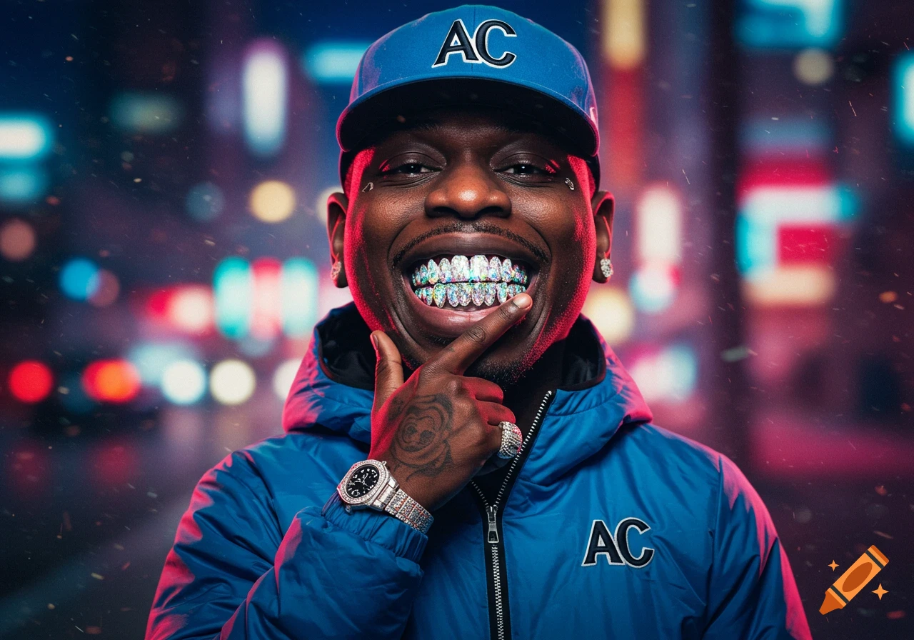 Close-up portrait of a smiling Black man in a blue jacket and baseball cap, showing off a diamond grill and a watch.