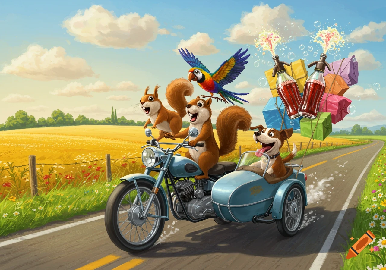 Whimsical cartoon of squirrels and a dog riding a motorcycle with a parrot, carrying gifts and spraying soda on a country road.