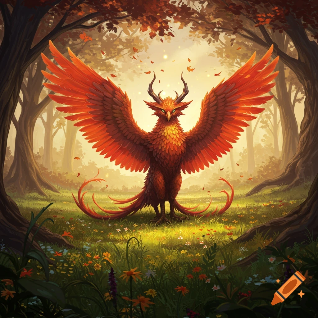 A majestic red-orange phoenix-like creature with horns stands with wings spread in a sunlit fantasy forest clearing with autumn leaves and wildflowers.