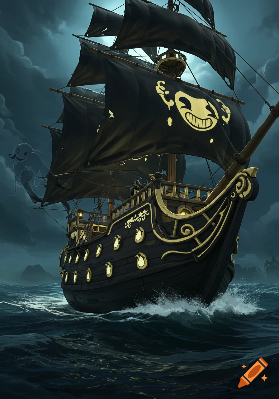 A dark pirate galleon with black sails featuring the grinning Bendy character logo, sailing on stormy seas under a dramatic sky.