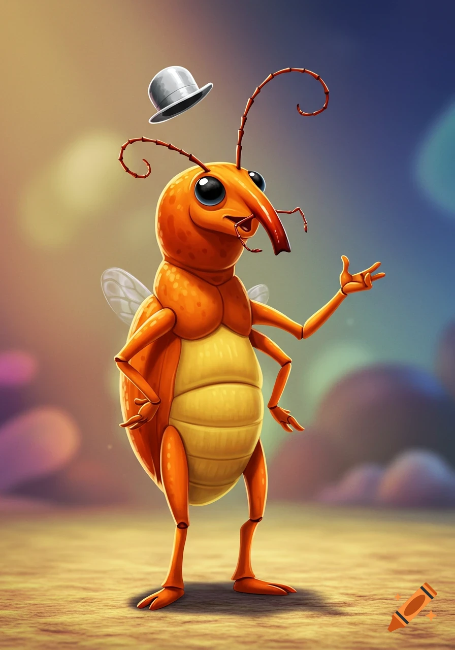 A colorful cartoon character of an orange nut weevil with large eyes, a long snout, and small wings, standing upright with a silver bowler hat floating above its head.