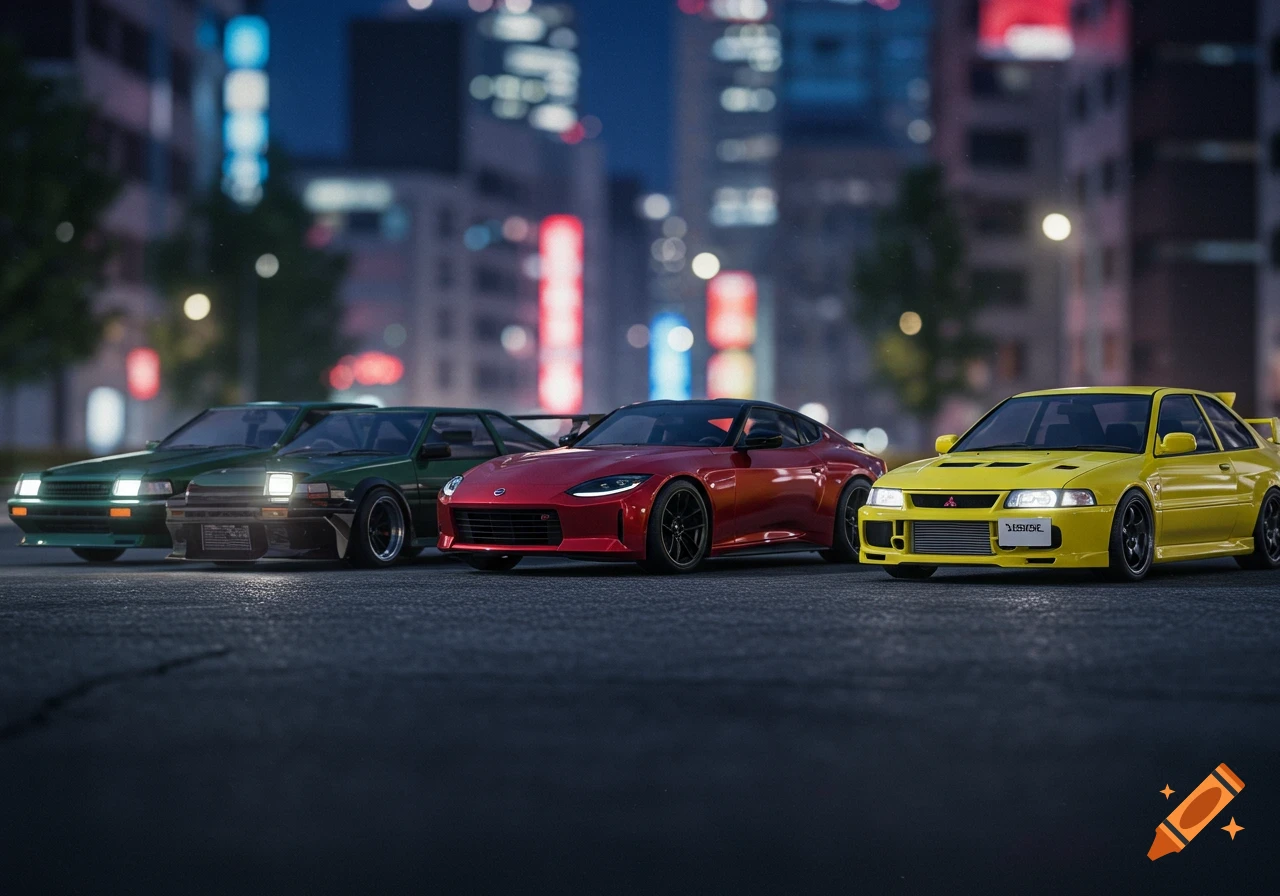 Four customized Japanese sports cars, including two green AE86s, a red Nissan Z, and a yellow Mitsubishi Evo, lined up on a street at night with a blurred city background.