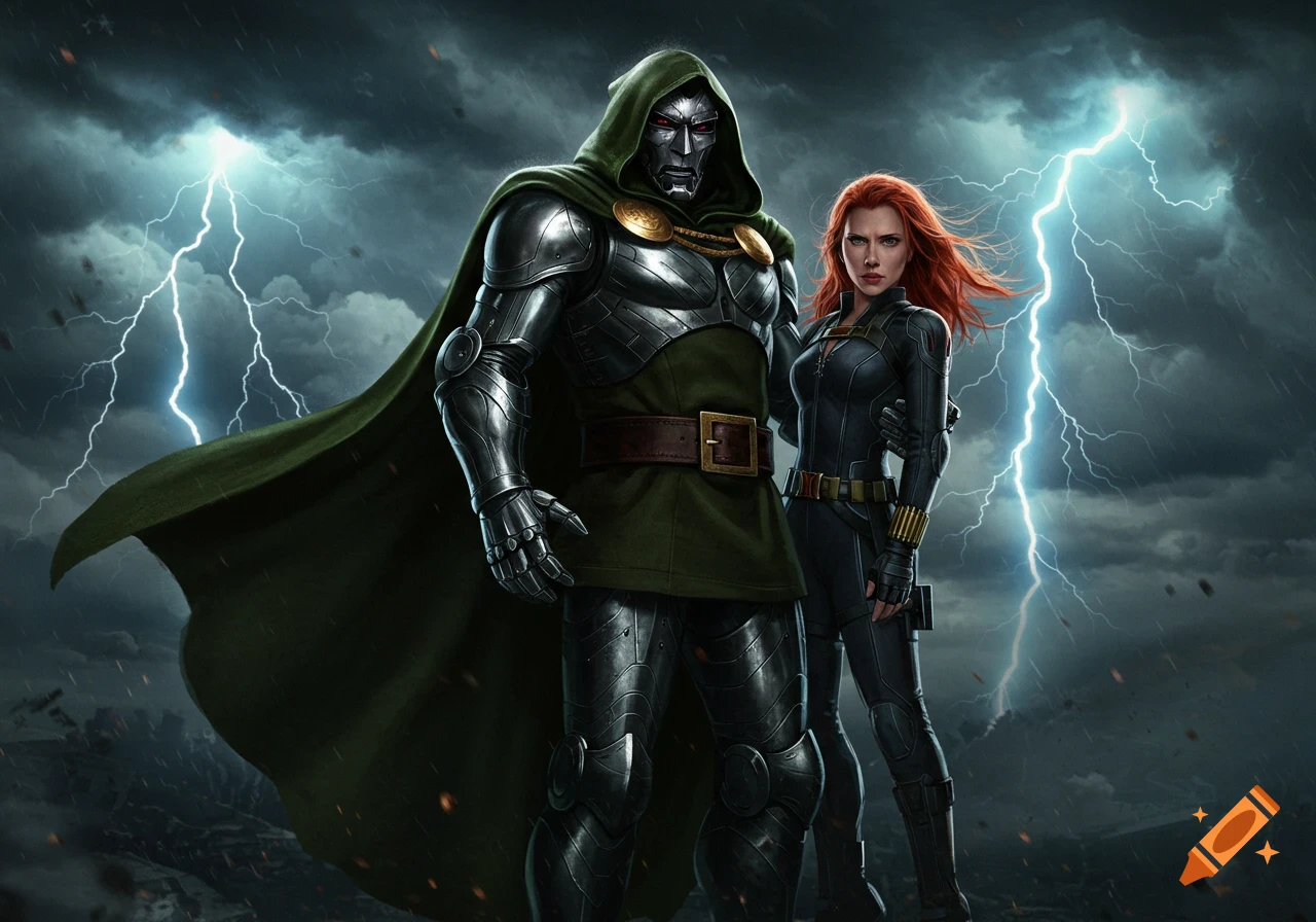 Dr. Doom in armor and Black Widow in her suit stand against a lightning-filled stormy sky. Photorealistic comic art style.
