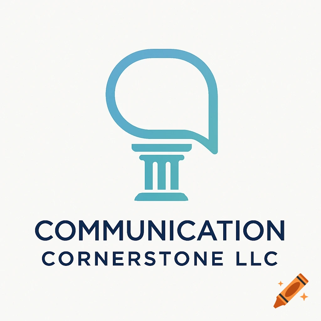 A logo featuring a blue speech bubble shape atop a teal column, with the text "COMMUNICATION CORNERSTONE LLC" below it on a white background.