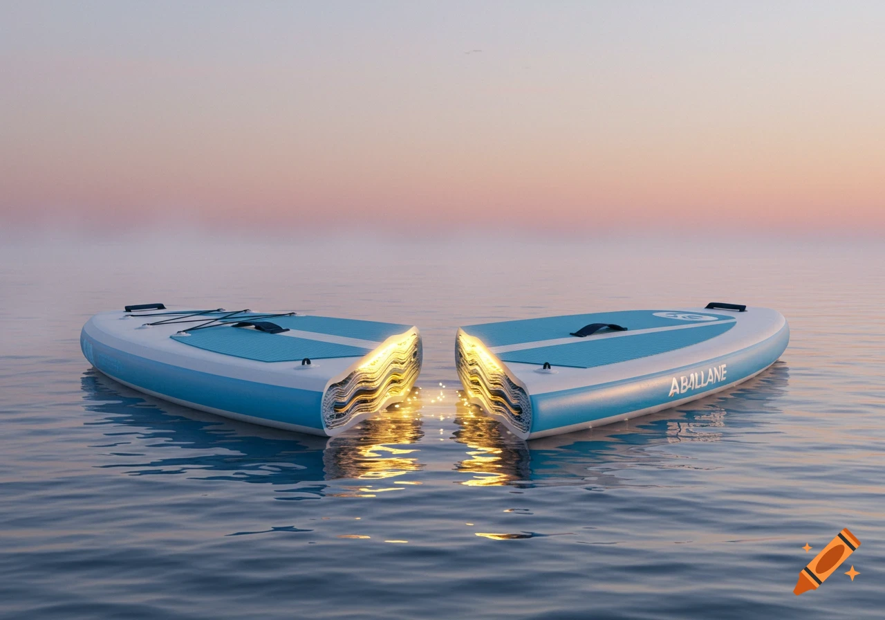 Two halves of a blue and white inflatable paddleboard float on water at sunrise, glowing from the inside.