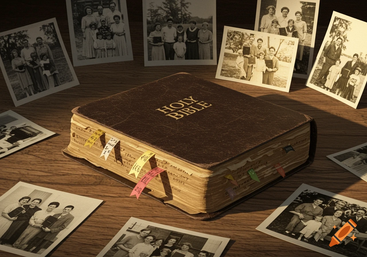 A brown Holy Bible with bookmarks on a wooden table surrounded by several vintage black and white family photographs.