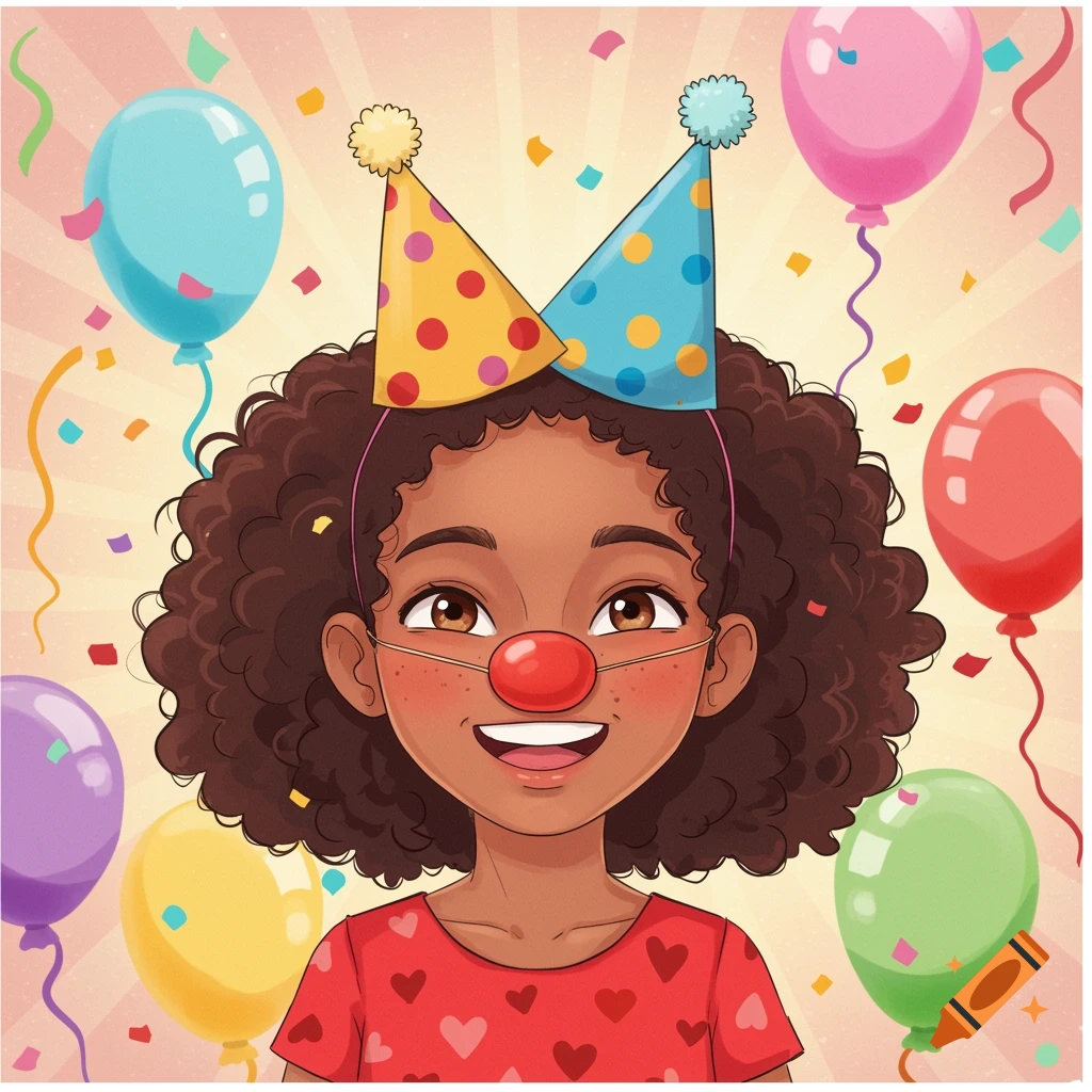 A smiling cartoony mixed-race girl with curly brown hair, a red clown nose, and two colorful party hats, surrounded by balloons and confetti.