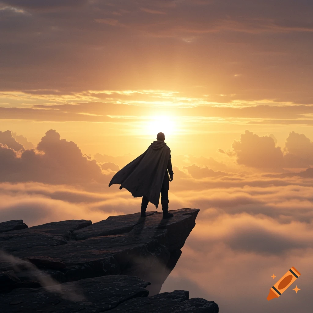 A silhouetted figure in a flowing cape stands atop a dramatic cliff, looking out at a vibrant sunset over a sea of clouds.