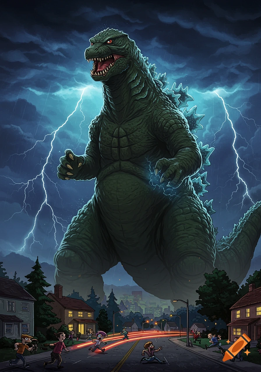 A massive Godzilla stands over a city street during a lightning storm as tiny people run away in a cartoon style.
