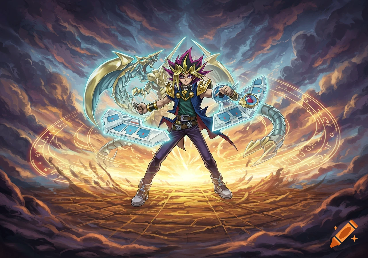 Dynamic illustration of Yami Yugi with a Blue-Eyes White Dragon, glowing Duel Disks, and magical symbols.