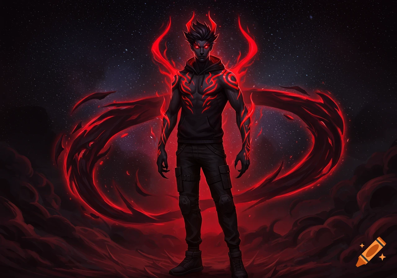 A dark-skinned character with glowing red eyes, red tribal tattoos, and a black hoodie stands against a starry night, surrounded by a swirling red and black aura.