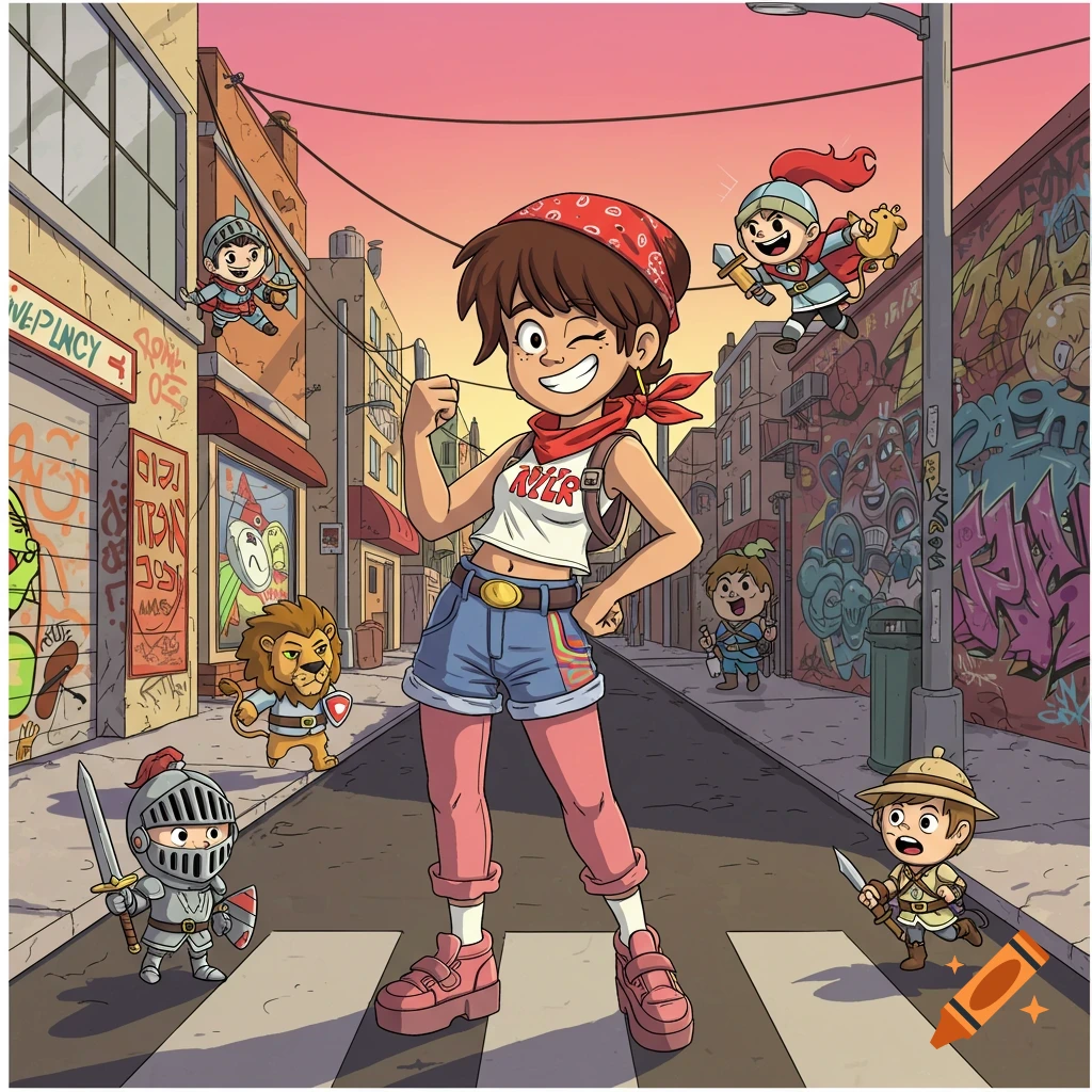 A smiling cartoon girl in a red bandana and denim shorts winks and gives a thumbs up on a city street with graffiti. Small knights, a lion, and an explorer are around her.