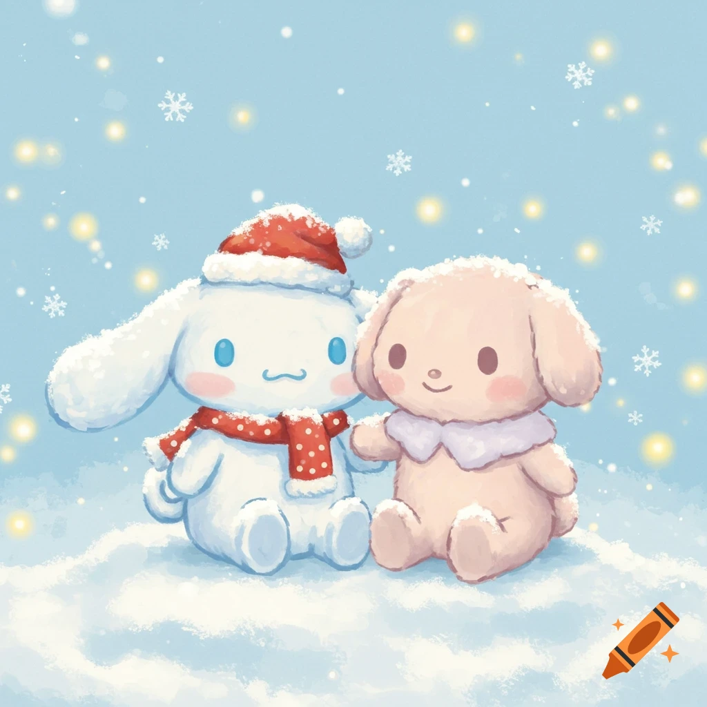 Cute Cinnamoroll in a Santa hat and Chiffon sitting side by side in a snowy winter scene with snowflakes.