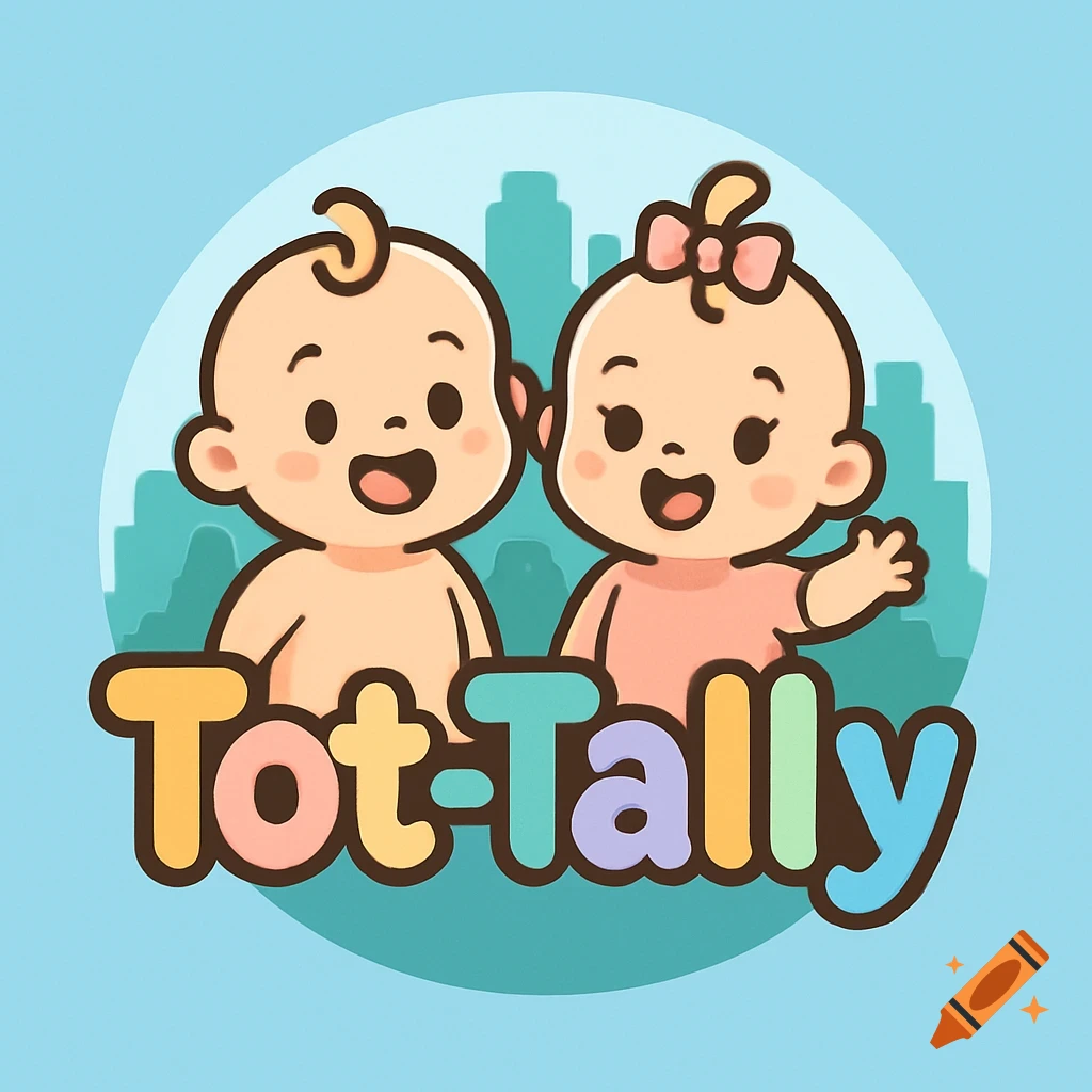 Cartoon logo of two happy babies, one boy and one girl, with a city skyline background and "Tot-Tally" text.