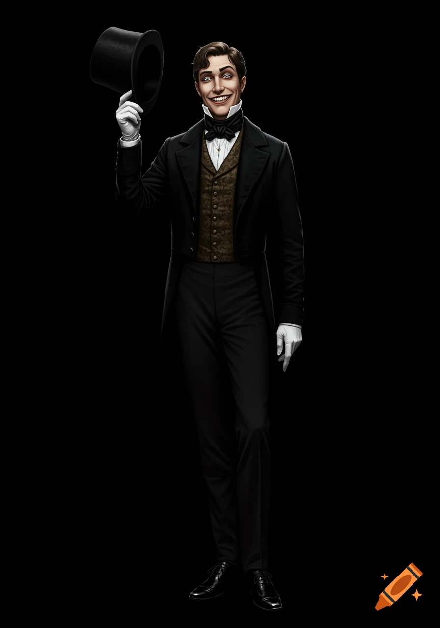 A smiling man in a black regency era suit, brown waistcoat, and white gloves stands, doffing his black top hat in a black void.
