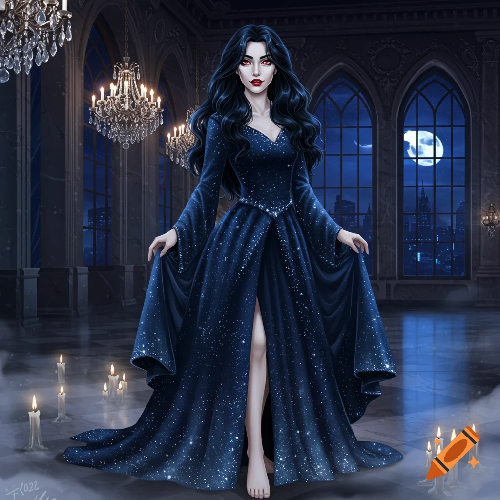 A dark-haired woman with red eyes in a shimmering blue gown stands in a gothic hall.