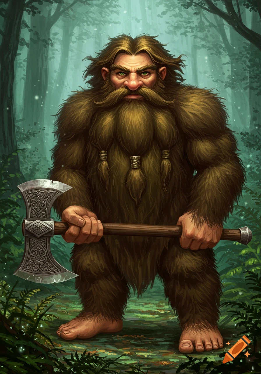 A hairy, muscular fantasy gnome warrior with long hair and a full beard covering his body, holding a double-bladed axe in a forest.