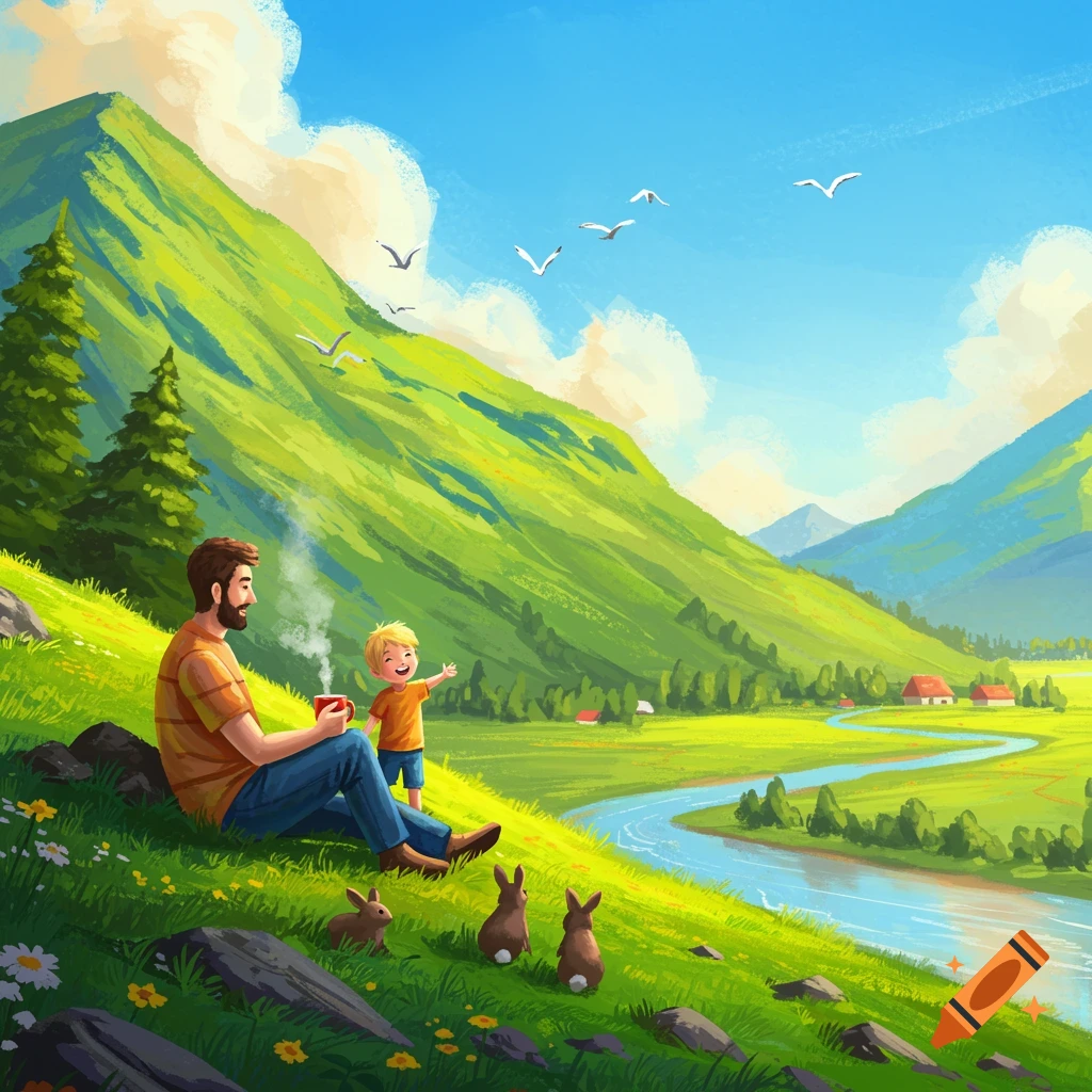 An illustrated scene of a man and his son on a grassy mountain overlooking a river valley with rabbits, birds, and cottages.