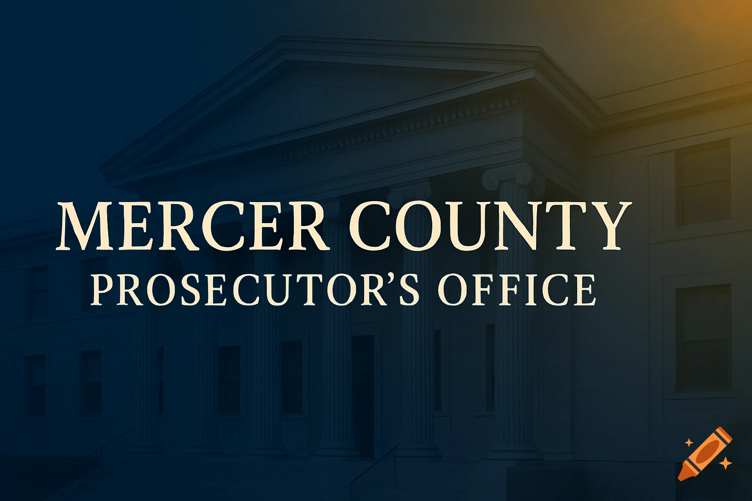 A dark blue banner image featuring a classical building with pillars and the text 'Mercer County Prosecutor's Office' in a prominent font.
