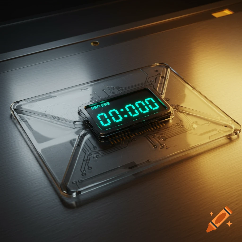 A close-up of a futuristic, transparent message envelope featuring an illuminated digital timer displaying '00:00' and intricate circuit board designs, set on a metallic surface.