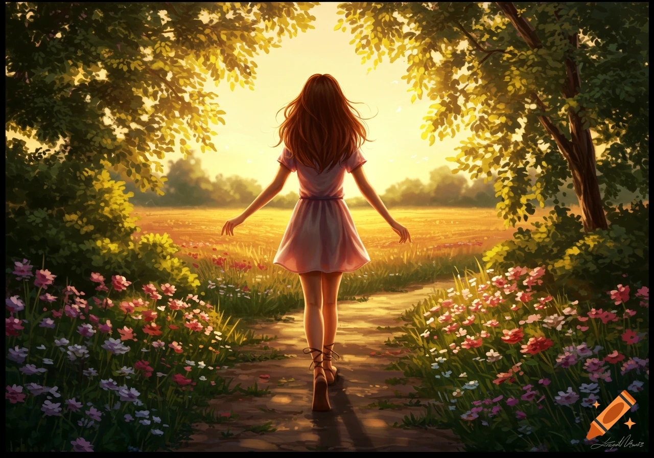A girl walks on a winding dirt path through a field of colorful flowers at sunset, surrounded by lush green trees.